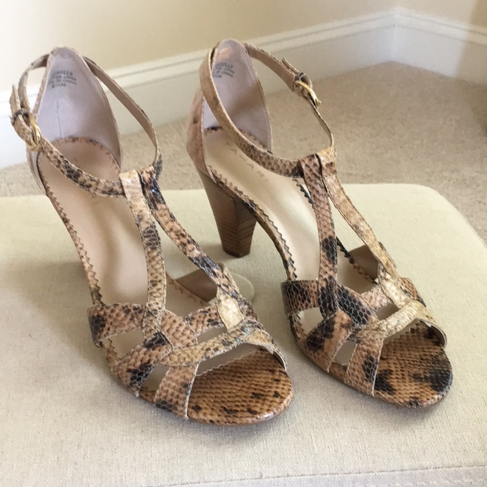Tahari faux snake split t-strap with cone heel